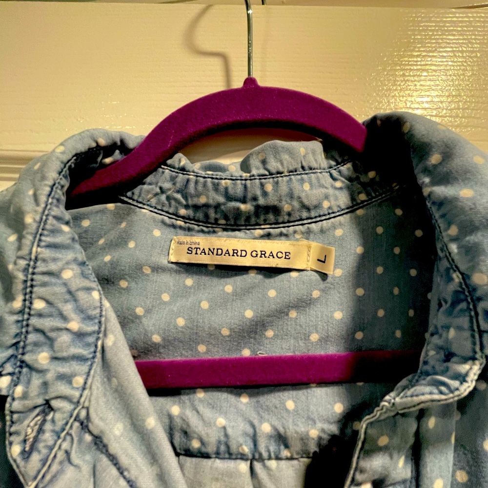 Standard Grace blue with white polka dots button down shirt.